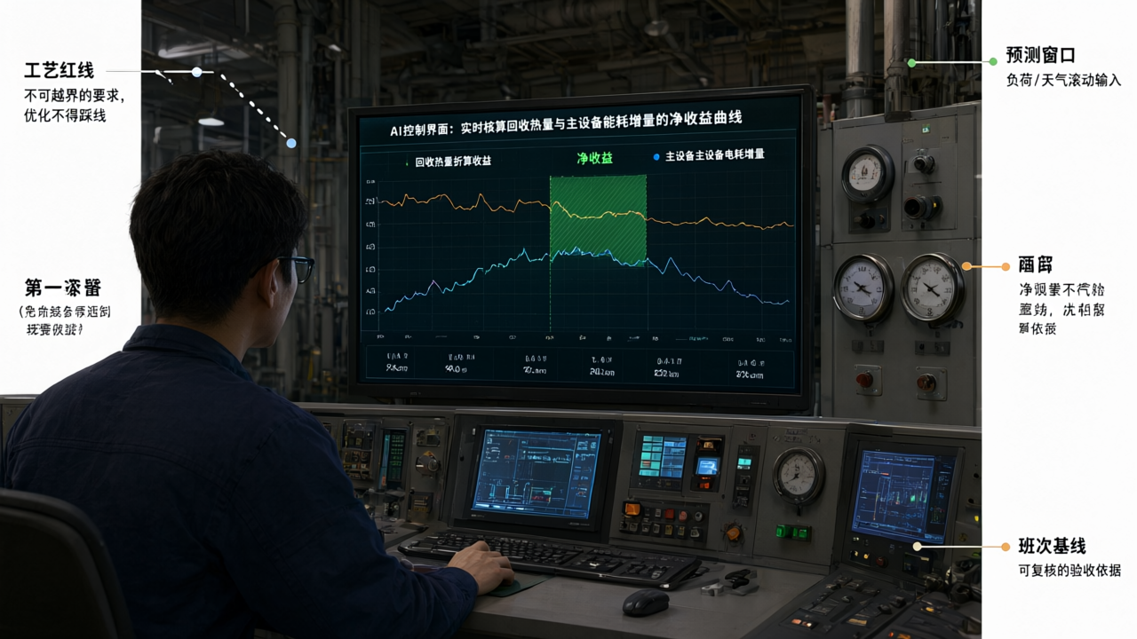 AI控制界面:实时核算回收热量与主设备能耗增量的净收益曲线